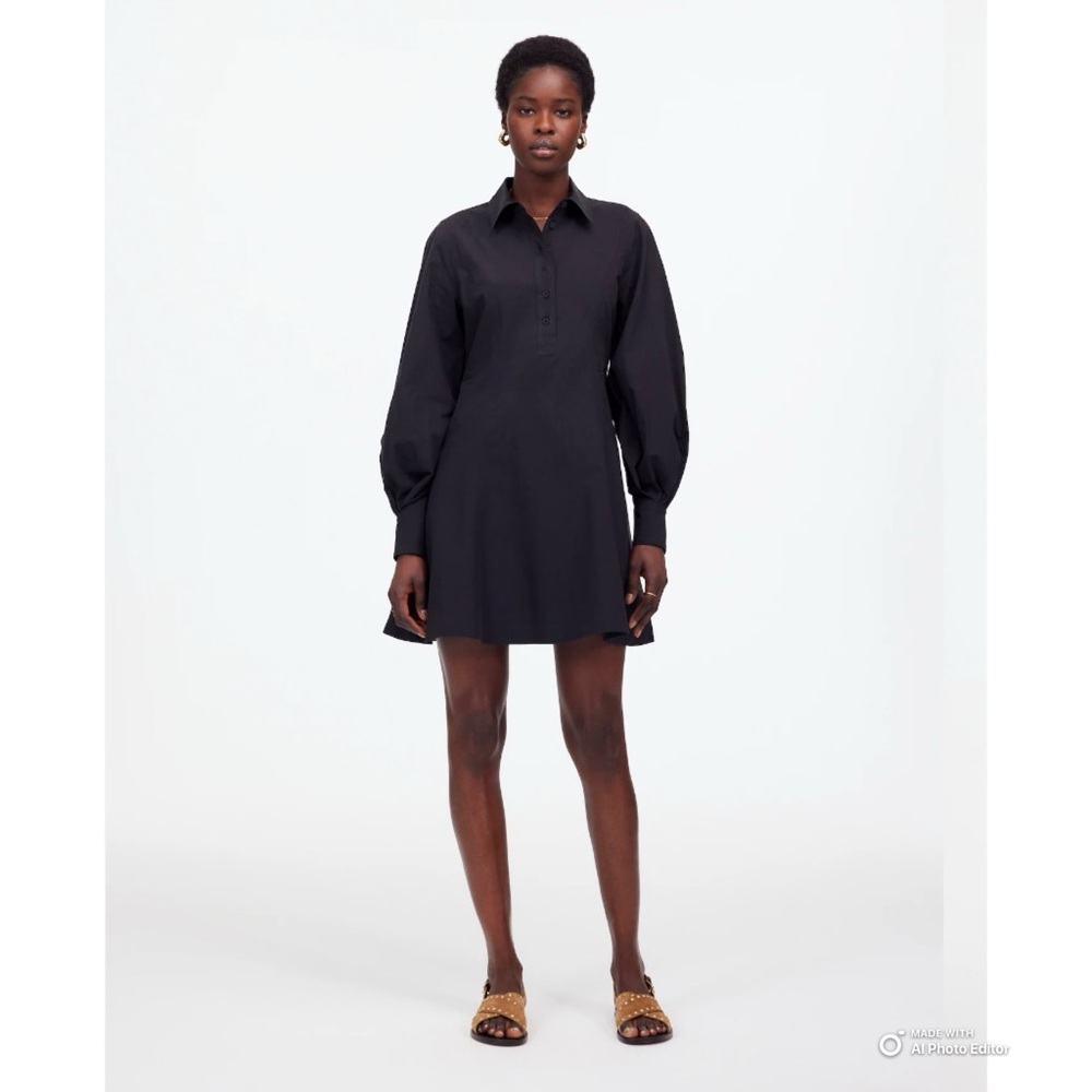 Madewell Black Seamed Long Sleeve Mini Shirtdress in Poplin Size 4 NWT